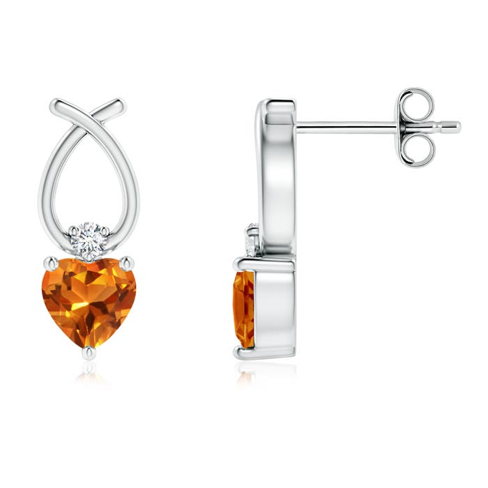 4mm AAAA Heart Shaped Citrine Ribbon Earrings with Diamond in S999 Silver