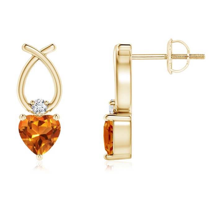 4mm AAAA Heart Shaped Citrine Ribbon Earrings with Diamond in Yellow Gold