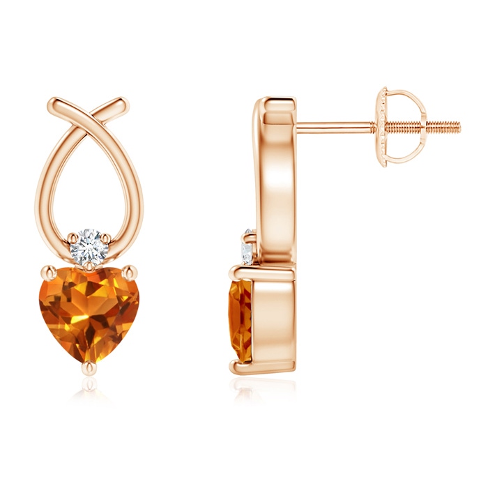 5mm AAAA Heart Shaped Citrine Ribbon Earrings with Diamond in Rose Gold 