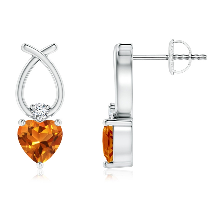 5mm AAAA Heart Shaped Citrine Ribbon Earrings with Diamond in White Gold