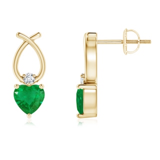 4mm AA Heart Shaped Emerald Ribbon Earrings with Diamond in Yellow Gold