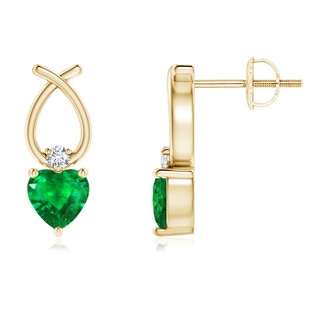 4mm AAA Heart Shaped Emerald Ribbon Earrings with Diamond in Yellow Gold