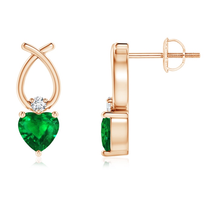 4mm AAAA Heart Shaped Emerald Ribbon Earrings with Diamond in Rose Gold