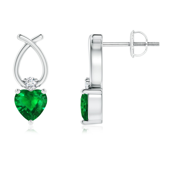 4mm AAAA Heart Shaped Emerald Ribbon Earrings with Diamond in White Gold
