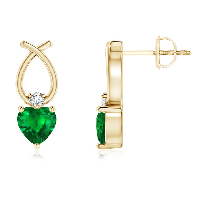 4mm AAAA Heart Shaped Emerald Ribbon Earrings with Diamond in Yellow Gold