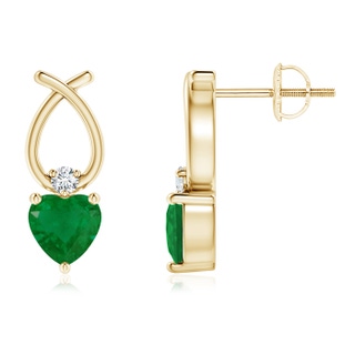 5mm A Heart Shaped Emerald Ribbon Earrings with Diamond in Yellow Gold