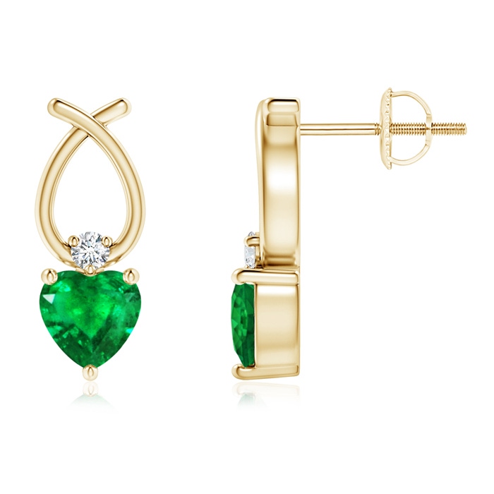 5mm AAA Heart Shaped Emerald Ribbon Earrings with Diamond in Yellow Gold