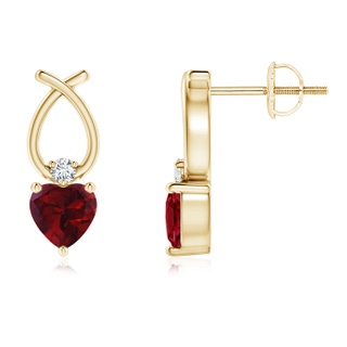 4mm AA Heart Shaped Garnet Ribbon Earrings with Diamond in Yellow Gold
