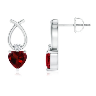 4mm AAA Heart Shaped Garnet Ribbon Earrings with Diamond in White Gold