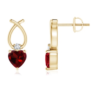 4mm AAA Heart Shaped Garnet Ribbon Earrings with Diamond in Yellow Gold