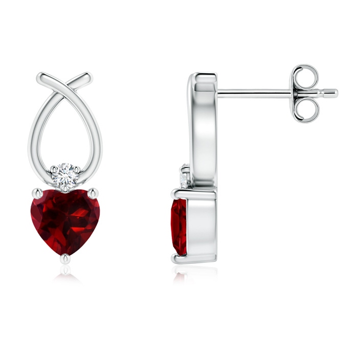 4mm AAAA Heart Shaped Garnet Ribbon Earrings with Diamond in S999 Silver