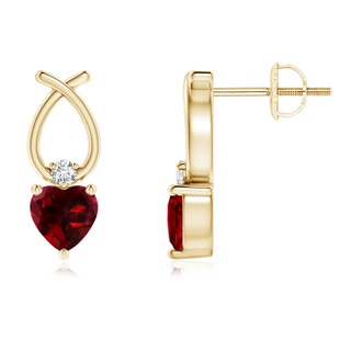 4mm AAAA Heart Shaped Garnet Ribbon Earrings with Diamond in Yellow Gold