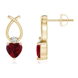 5mm AA Heart Shaped Garnet Ribbon Earrings with Diamond in 9K Yellow Gold