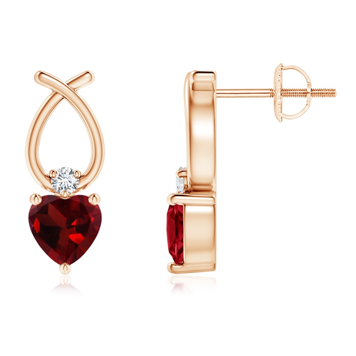 5mm AAA Heart Shaped Garnet Ribbon Earrings with Diamond in Rose Gold