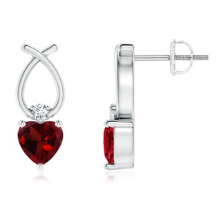 5mm AAA Heart Shaped Garnet Ribbon Earrings with Diamond in White Gold