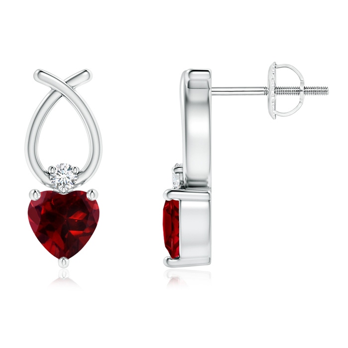 5mm AAAA Heart Shaped Garnet Ribbon Earrings with Diamond in P950 Platinum