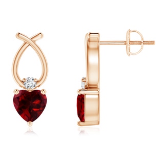5mm AAAA Heart Shaped Garnet Ribbon Earrings with Diamond in Rose Gold