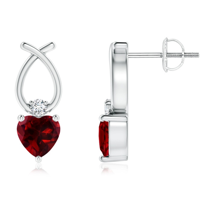 5mm AAAA Heart Shaped Garnet Ribbon Earrings with Diamond in White Gold 