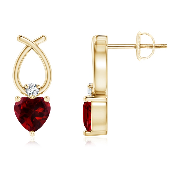 5mm AAAA Heart Shaped Garnet Ribbon Earrings with Diamond in Yellow Gold