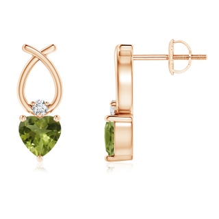 4mm A Heart Shaped Peridot Ribbon Earrings with Diamond in Rose Gold