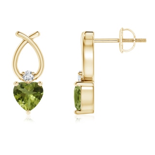 4mm A Heart Shaped Peridot Ribbon Earrings with Diamond in Yellow Gold