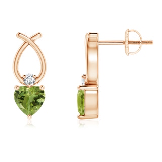 4mm AA Heart Shaped Peridot Ribbon Earrings with Diamond in 9K Rose Gold