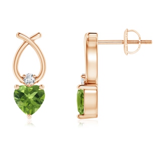 4mm AAA Heart Shaped Peridot Ribbon Earrings with Diamond in Rose Gold