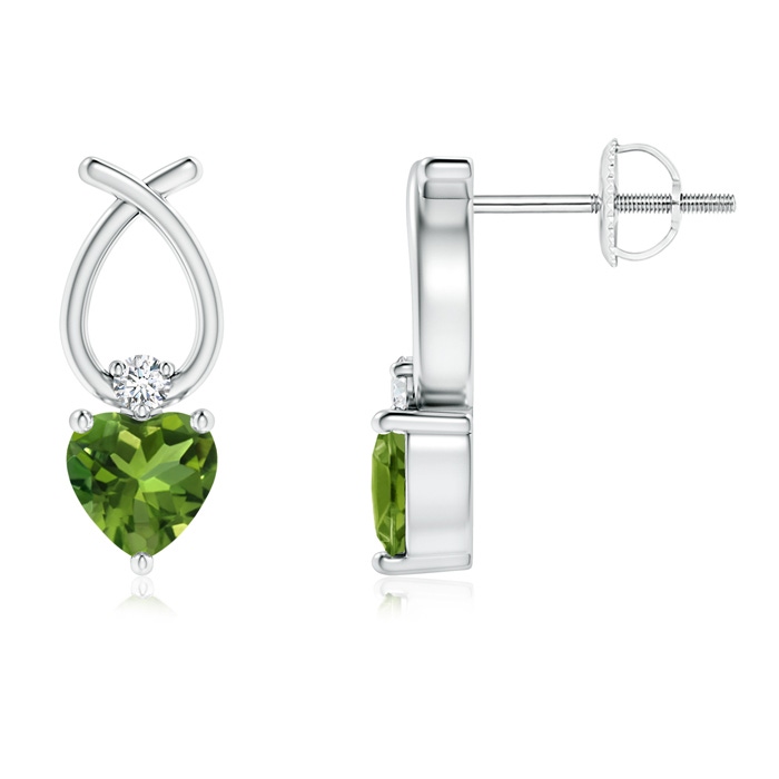 4mm AAAA Heart Shaped Peridot Ribbon Earrings with Diamond in P950 Platinum 