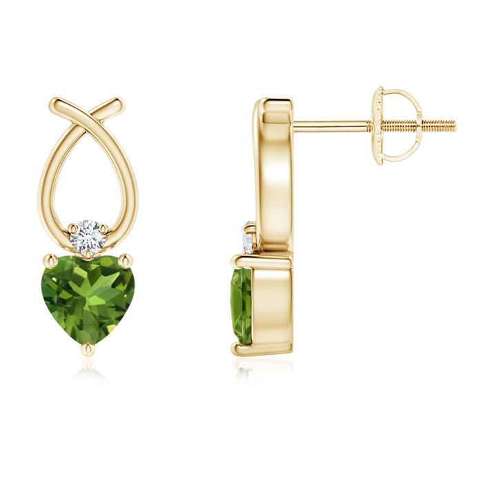 4mm AAAA Heart Shaped Peridot Ribbon Earrings with Diamond in Yellow Gold 