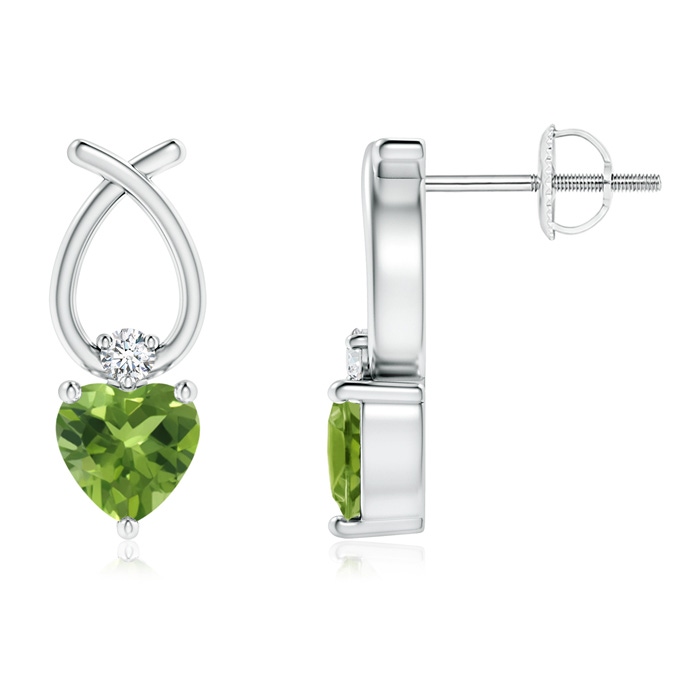 5mm AAA Heart Shaped Peridot Ribbon Earrings with Diamond in White Gold 