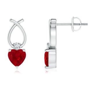 4mm AAA Heart Shaped Ruby Ribbon Earrings with Diamond in White Gold