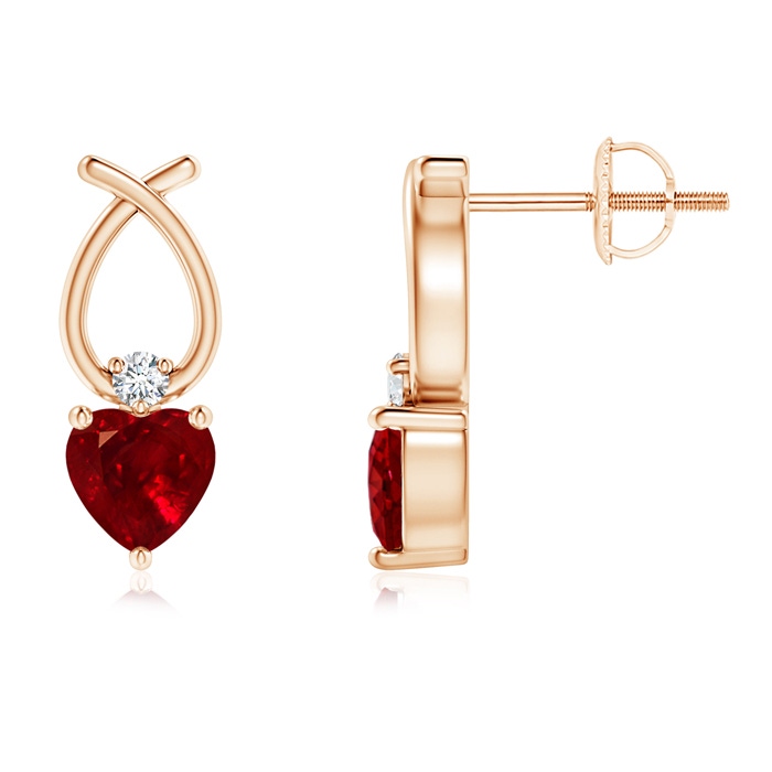 4mm AAAA Heart Shaped Ruby Ribbon Earrings with Diamond in Rose Gold