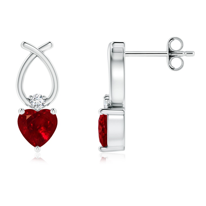 4mm AAAA Heart Shaped Ruby Ribbon Earrings with Diamond in S999 Silver