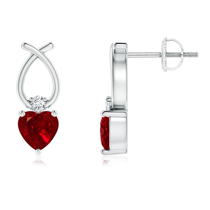 4mm AAAA Heart Shaped Ruby Ribbon Earrings with Diamond in White Gold