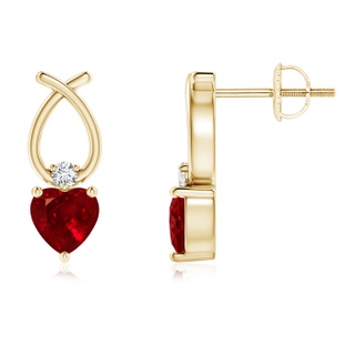 4mm AAAA Heart Shaped Ruby Ribbon Earrings with Diamond in Yellow Gold