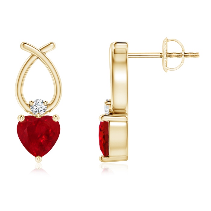 5mm AAA Heart Shaped Ruby Ribbon Earrings with Diamond in Yellow Gold