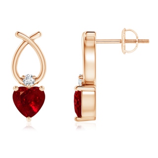 5mm AAAA Heart Shaped Ruby Ribbon Earrings with Diamond in 9K Rose Gold