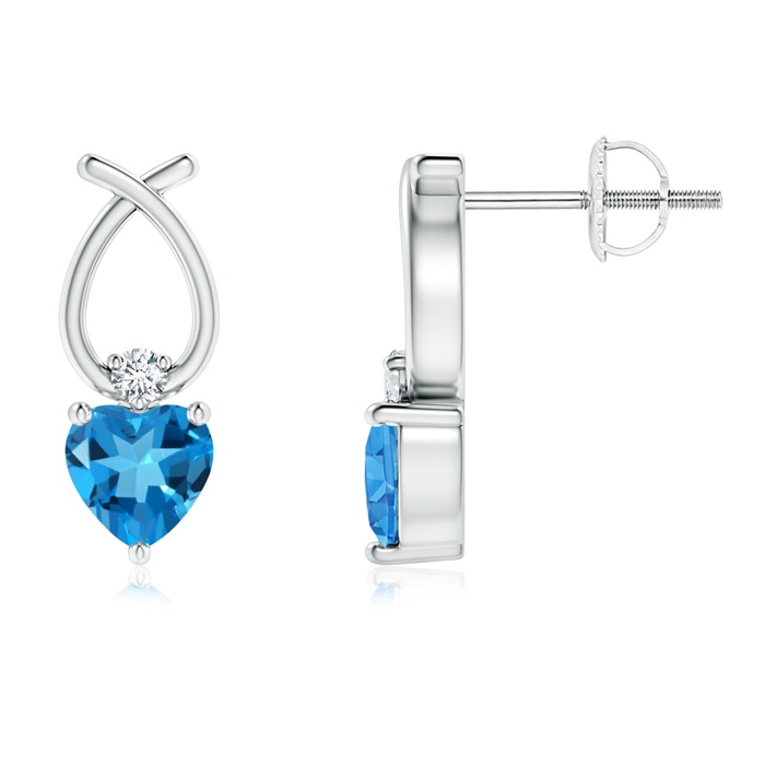 4mm AAAA Heart Shaped Swiss Blue Topaz Ribbon Earrings in P950 Platinum 