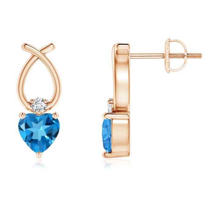 4mm AAAA Heart Shaped Swiss Blue Topaz Ribbon Earrings in Rose Gold