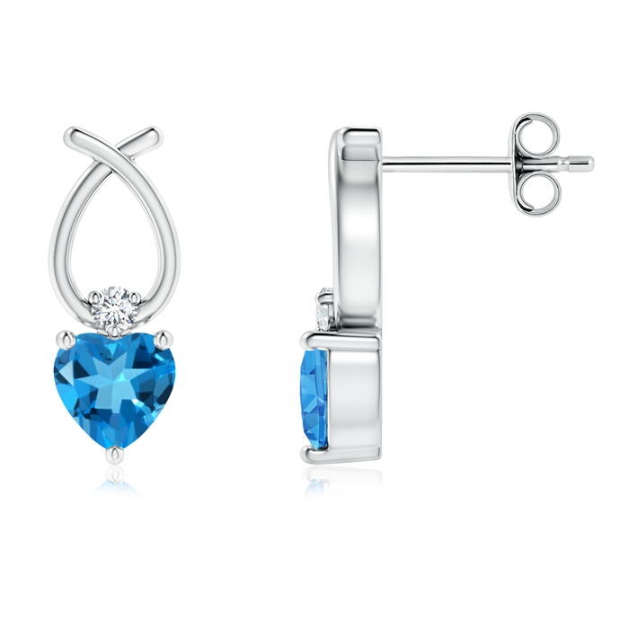 4mm AAAA Heart Shaped Swiss Blue Topaz Ribbon Earrings in S999 Silver