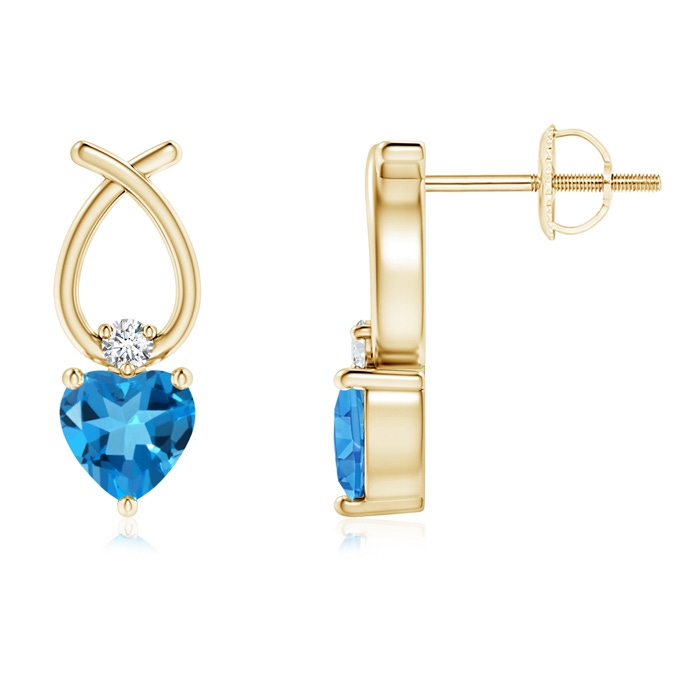 4mm AAAA Heart Shaped Swiss Blue Topaz Ribbon Earrings in Yellow Gold