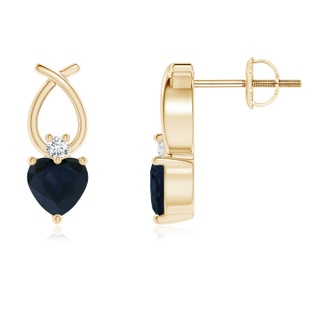 4mm A Heart Shaped Blue Sapphire Ribbon Earrings with Diamond in Yellow Gold