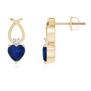 4mm AA Heart Shaped Blue Sapphire Ribbon Earrings with Diamond in Yellow Gold