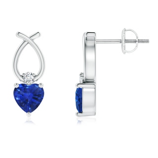 4mm AAA Heart Shaped Blue Sapphire Ribbon Earrings with Diamond in 9K White Gold