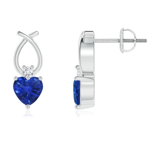 4mm AAA Heart Shaped Blue Sapphire Ribbon Earrings with Diamond in White Gold