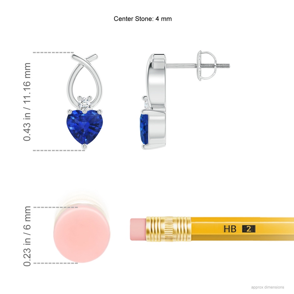 4mm AAA Heart Shaped Blue Sapphire Ribbon Earrings with Diamond in White Gold ruler