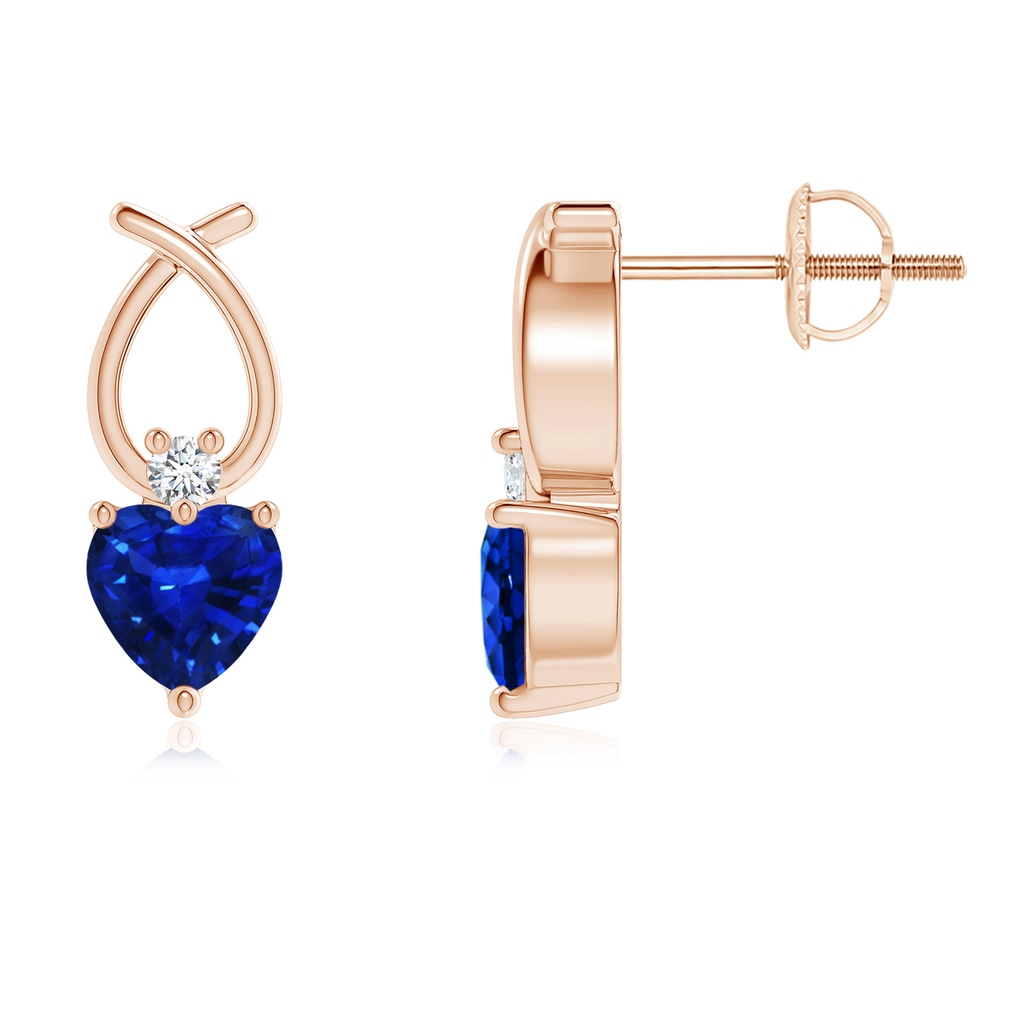 4mm AAAA Heart Shaped Blue Sapphire Ribbon Earrings with Diamond in Rose Gold