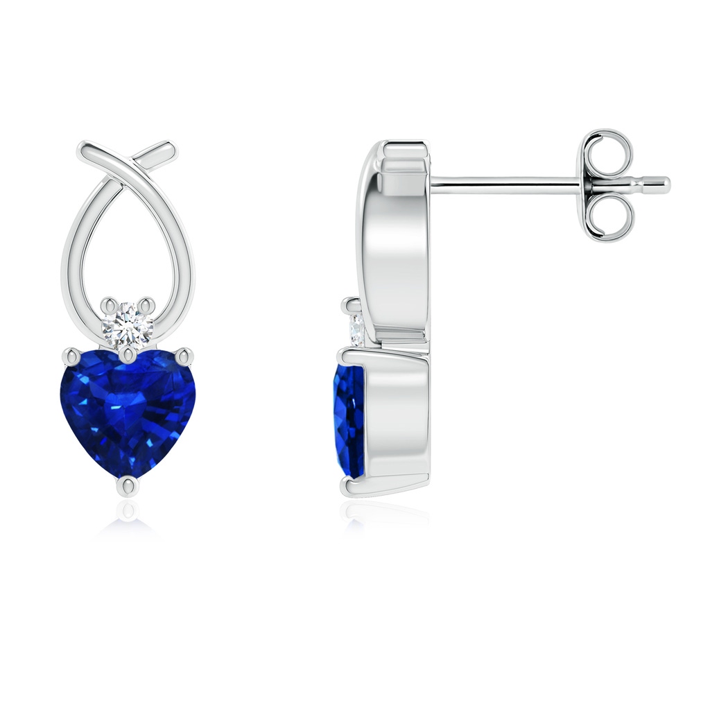 4mm AAAA Heart Shaped Blue Sapphire Ribbon Earrings with Diamond in S999 Silver