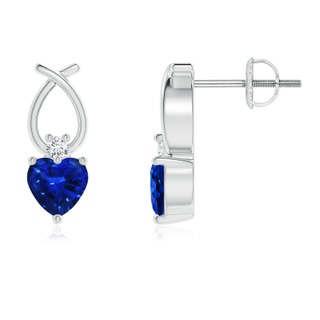 4mm AAAA Heart Shaped Blue Sapphire Ribbon Earrings with Diamond in White Gold