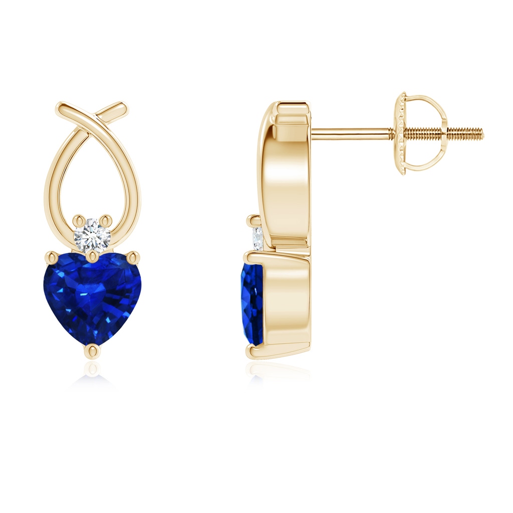 4mm AAAA Heart Shaped Blue Sapphire Ribbon Earrings with Diamond in Yellow Gold